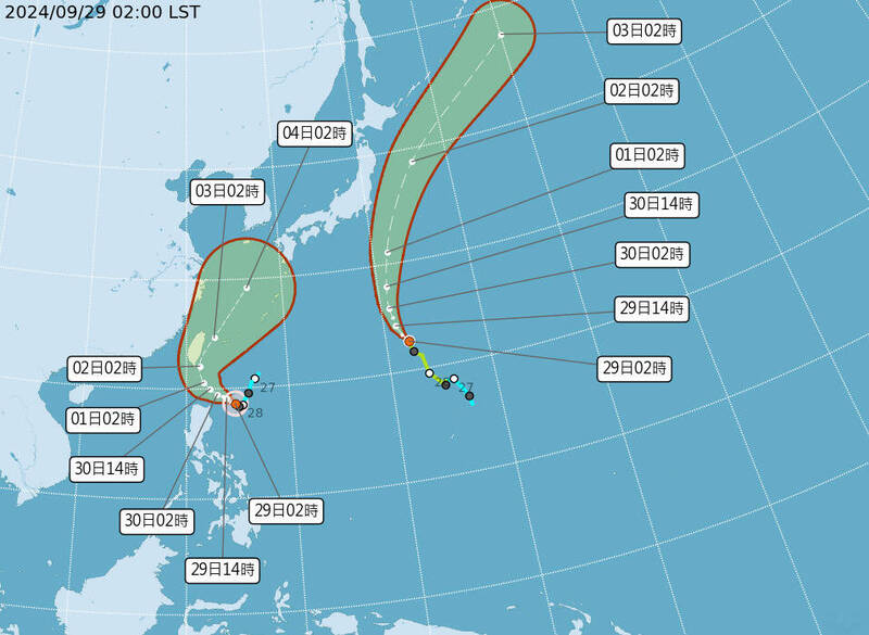 颱風山陀兒持續接近台灣。（中央氣象署提供）