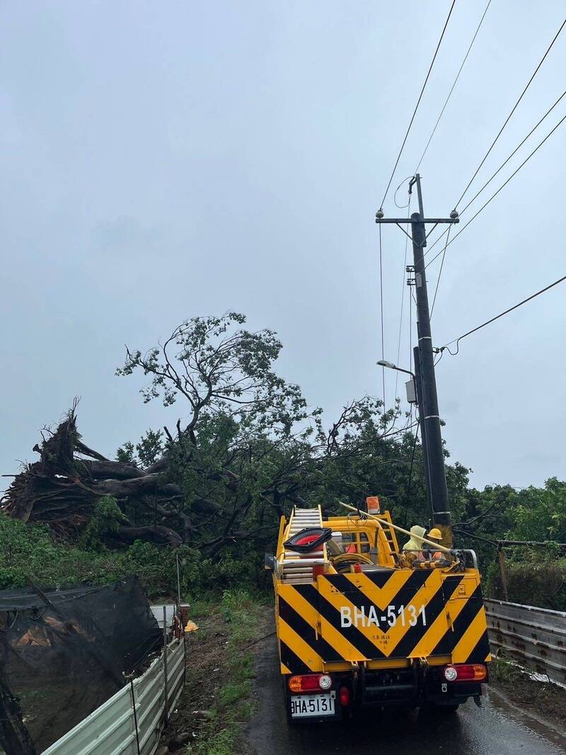 山陀兒颱風強風吹倒樹木、碰觸導線造成停電，台電展開搶修。（台電台南區營業處提供）