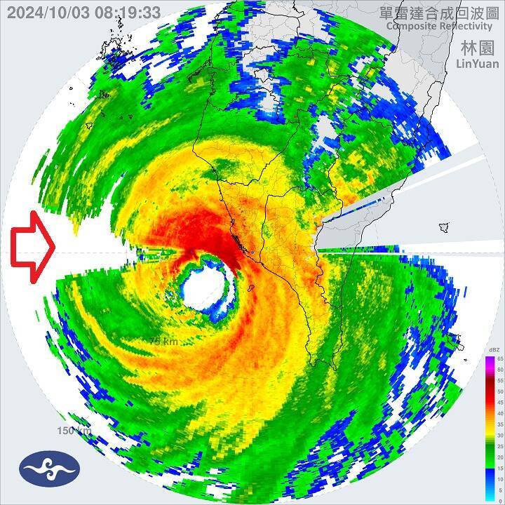 山陀兒西側雨勢強大，連雷達都穿不過。（圖擷自鄭明典臉書）