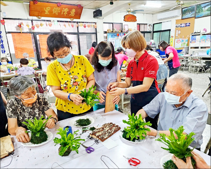 太平區農會舉辦高齡綠色照顧成果展，家政班學員陪長輩種小盆栽。（讀者提供）