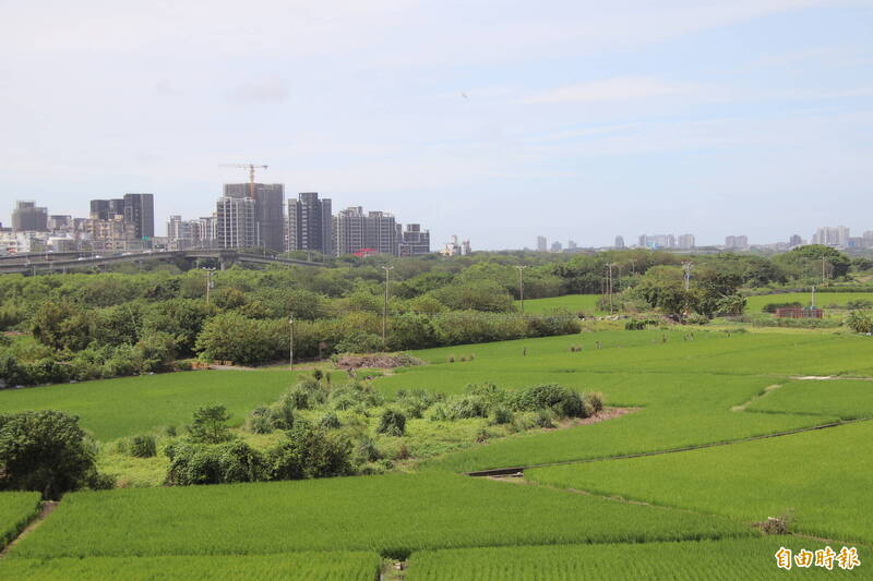 台68線武陵交流道北端（圖左上建物前）「斷頭」至少有2、30年，下週六從該處往北的台1線替代道路終於要動工，屆時將從該處沿著圖中良田一路往北，新闢出1條跨越頭前溪的新道路。（記者黃美珠攝）