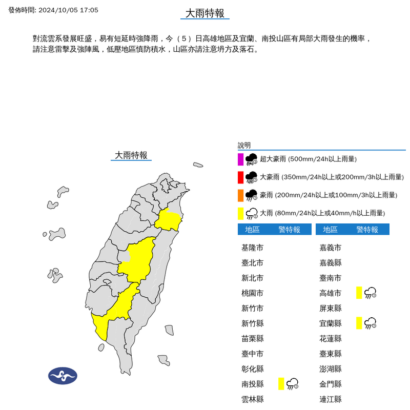 中央氣象署今晚針對3縣市發布大雨特報。（圖片擷取自氣象署）