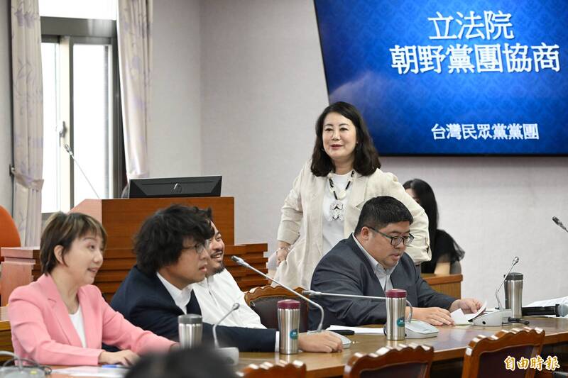 民眾黨立委陳昭姿主持朝野黨團協商聯大第2758決議文相關議案，民進黨立委吳思瑤、蔡易餘、洪申翰、沈伯洋、范雲列席。（記者陳逸寬攝）