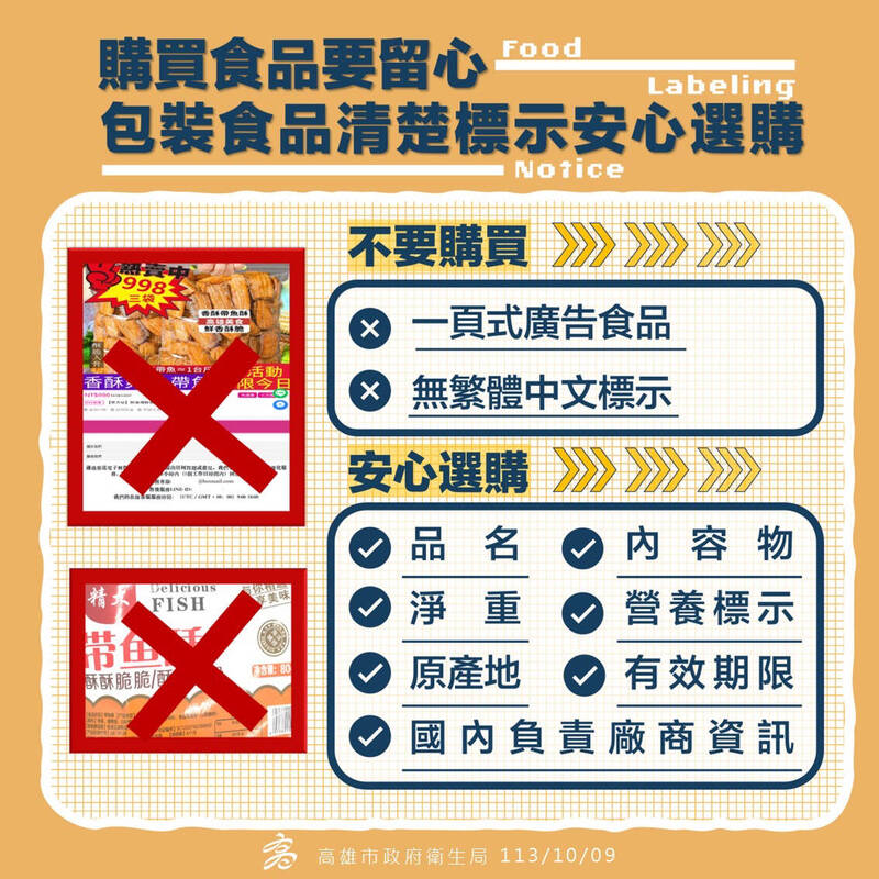 中國農產品冒名高雄美食印簡體字，高市衛生局將稽查不實廣告。（衞生局提供）