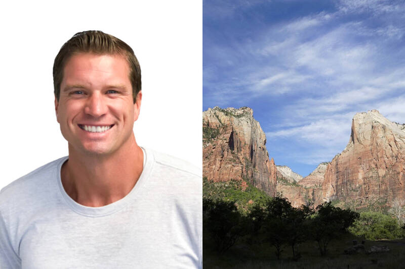 「Opiniion」執行長賓厄姆在錫安國家公園攀岩時，意外墜落60米深谷不治。（擷取自Opiniion官網、法新社，本報合成）