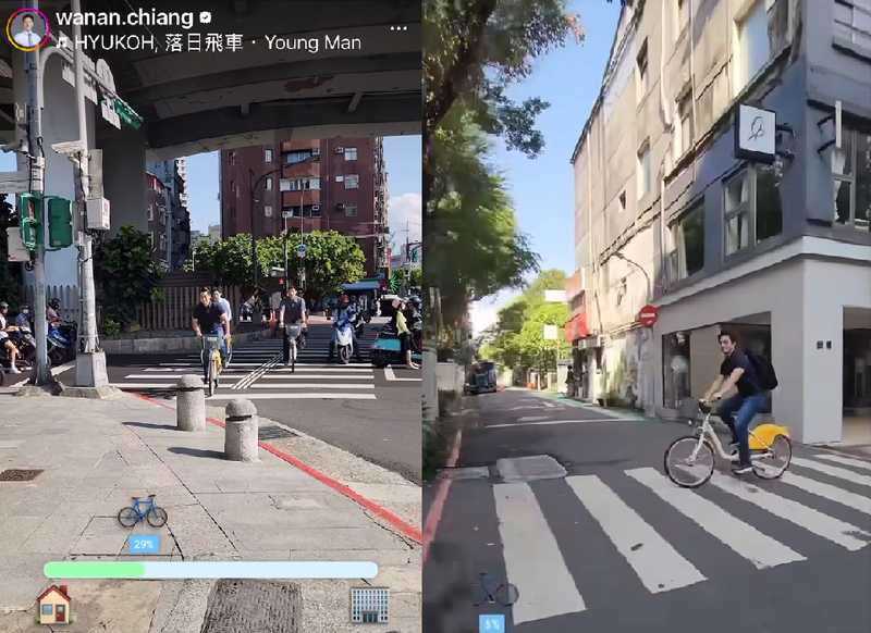 蔣萬安騎YouBike響應國際無車日的影片，被議員黃瀞瑩發現違規騎乘行穿線。（擷取自蔣萬安IG、臉書）