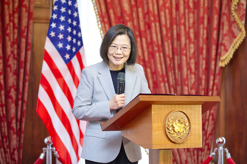 
Former president Tsai Ing-wen speaks at an event in Taipei on April 8 last year.
Photo: Presidential Office, via AP