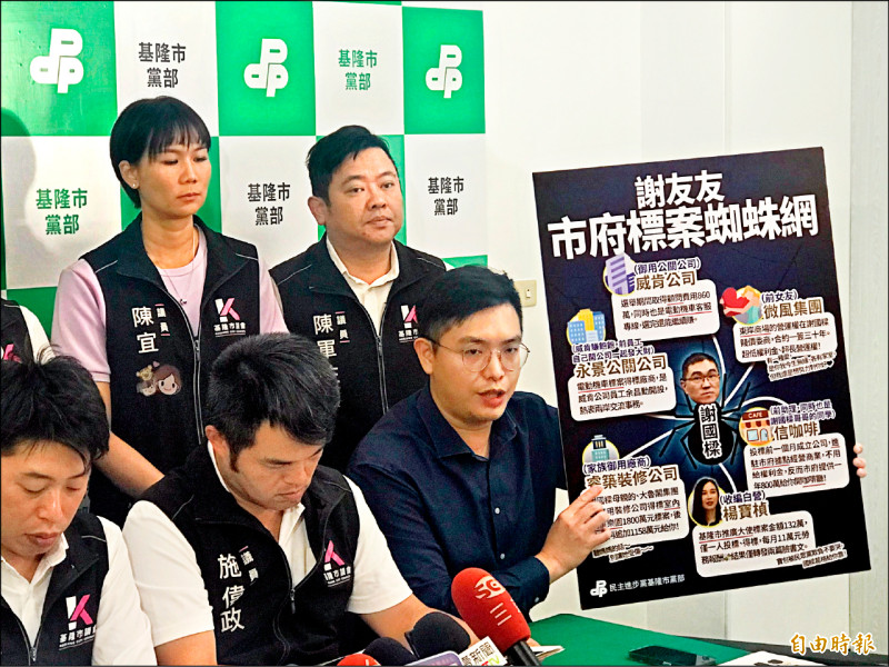 市議員張顥瀚批評,基隆市大小標案爭議不斷,各個標案與謝國樑有裙帶關係。(記者陳奕劭攝) 市議員張顥瀚批評,基隆市大小標案爭議不斷,各個標案與謝國樑有裙帶關係。(記者陳奕劭攝)