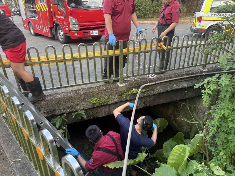 消防人員趕抵現場後，隨即爬下水溝將女性死者打撈上岸。（記者陸運鋒翻攝）