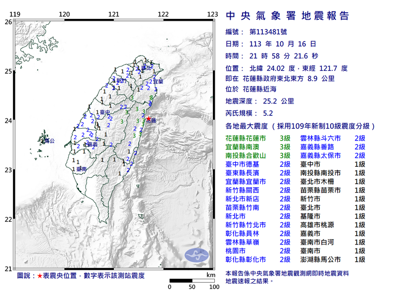 花蓮近海今晚21:58發生規模5.2地震，最大震度3級。（圖擷取自中央氣象署）