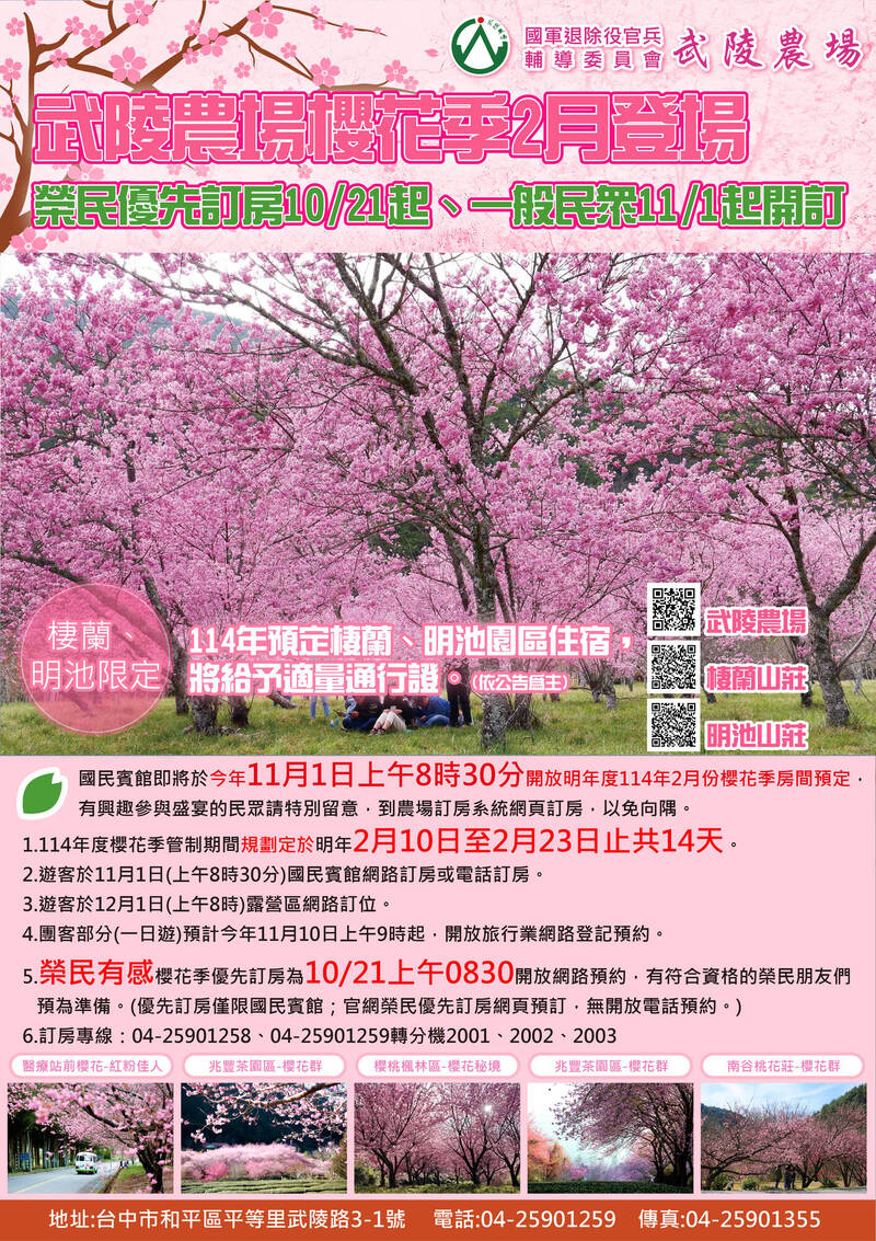 武陵農場明年櫻花季訂房， 11月1日上午8點半開搶。（武陵農場提供）