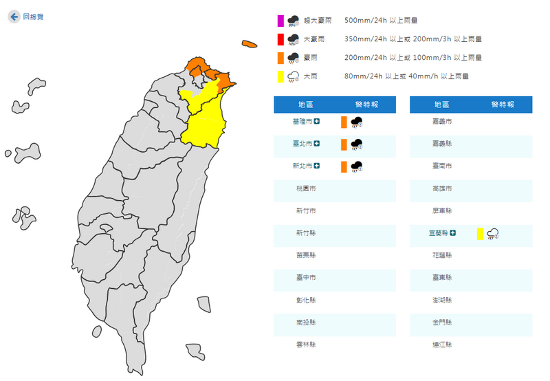 北北基、宜蘭豪大雨特報。（圖擷自氣象署網站）