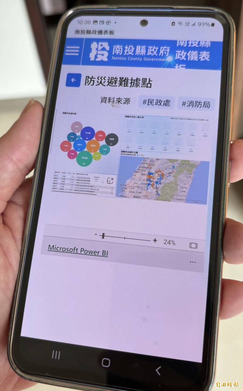 南投縣政府推出「縣政儀表板」，讓民眾用手機即能掌握防災避難據點等各項縣政資訊。（記者張協昇攝）