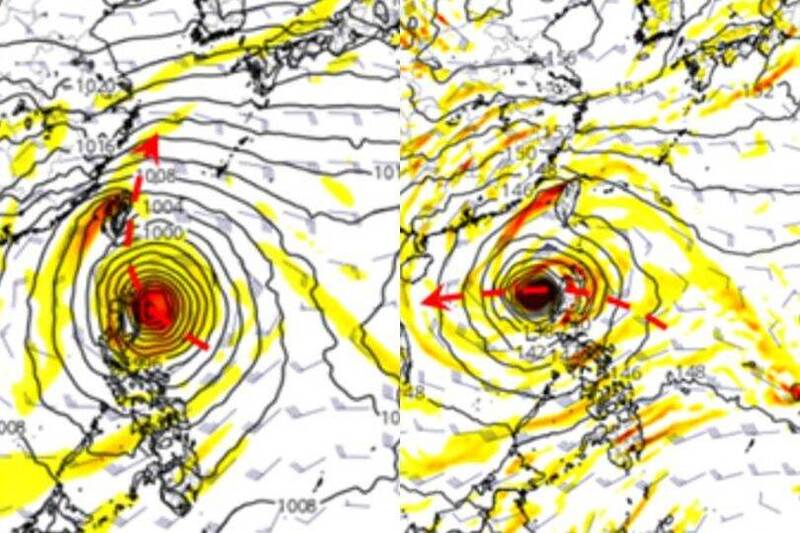 歐洲模式有侵台疑慮（右）、美國模式模擬則有「秋颱共伴效應」（左），吳德榮強調，各國模式持續大幅調整中，下定論還太早，應密切觀察。（合成圖）