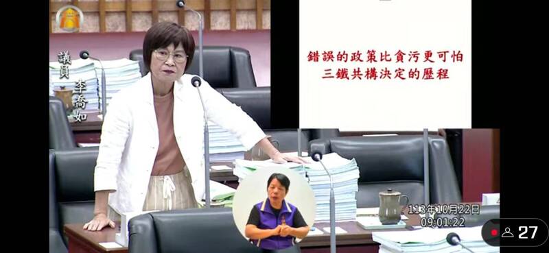 高市最資深議員李喬如談高鐵進高雄車站，透露20年前就提過、沒人理她，感慨錯誤政策比貪汙更可怕。（記者王榮祥翻攝）