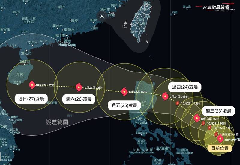 「台灣颱風論壇｜天氣特急」今上午分享颱風的未來路徑，並指「潭美」颱風路徑逐漸明朗，目前預測通過菲律賓機率最高，預估週四、週五通過菲律賓進入南海期間，西部風浪大、北部有大雨、宜花東有強降雨。（圖擷自臉書）