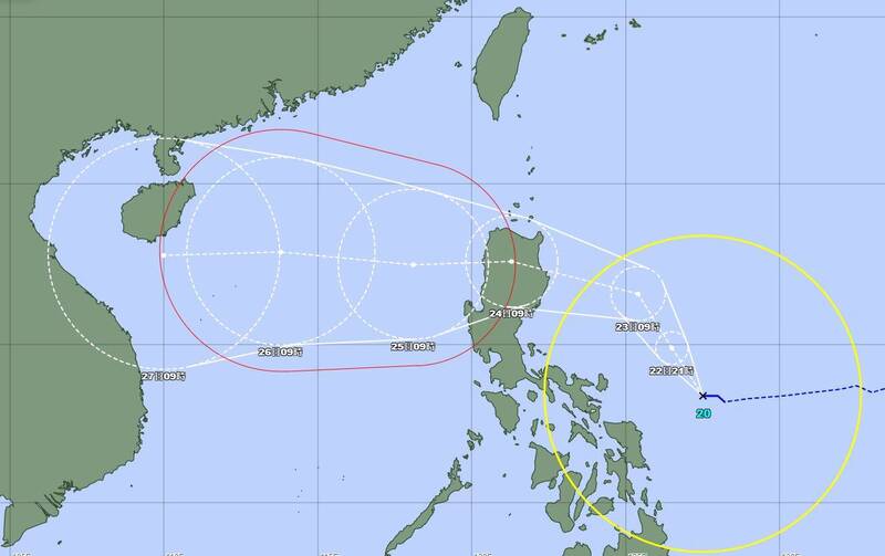 「潭美」颱風目前預測趨勢收斂，大致會往西北西至偏西方向移動。（圖擷自日本氣象廳）