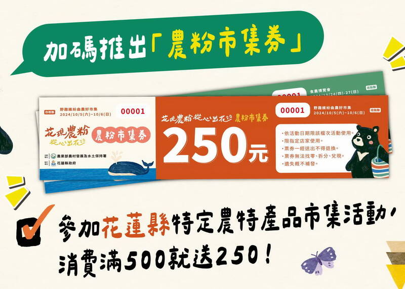 農粉券明天起到11月底在花蓮的小農市集現場只要消費滿500元，就加送250元紙本農粉市集券，不用上網加入會員、收認證碼。（農業部提供）