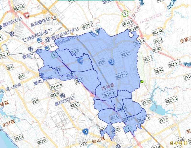 高雄岡山等3區2萬戶將於10月27日停水。（水公司網站停水區域）