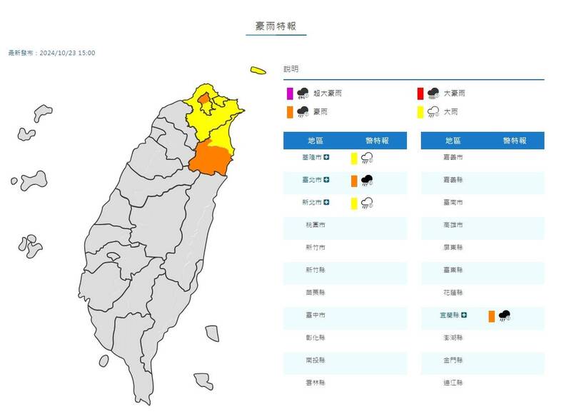 全台豪雨特報。（圖擷自氣象署網站）