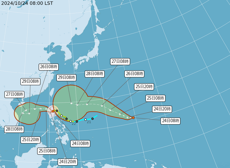 潭美颱風外圍環流近期與東北季風產生共伴效應，且今日上午又有另一處熱帶性低氣壓生成。（圖擷取自中央氣象署）