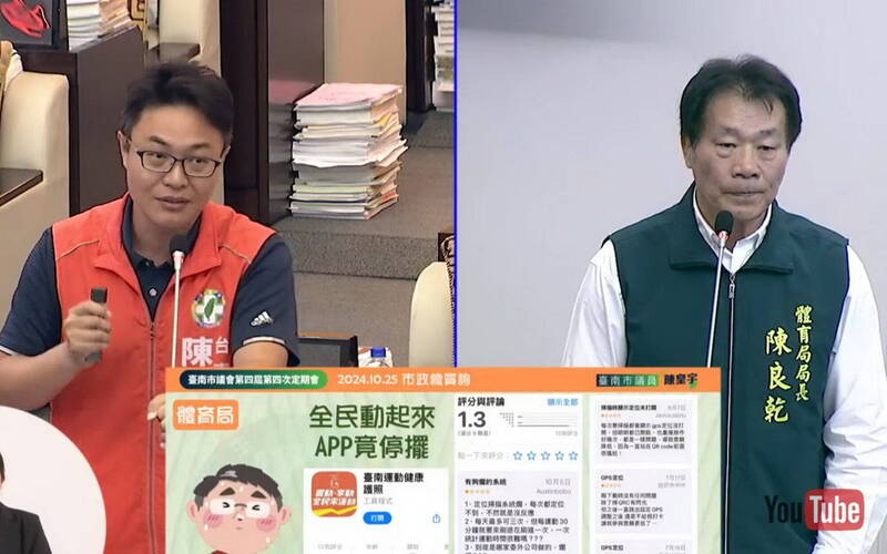 南市議員陳皇宇（左）指「台南運動健康護照」APP，經常當機停擺，體育局長陳良乾（右）允諾會檢討改善。（擷取自南市議會網站）