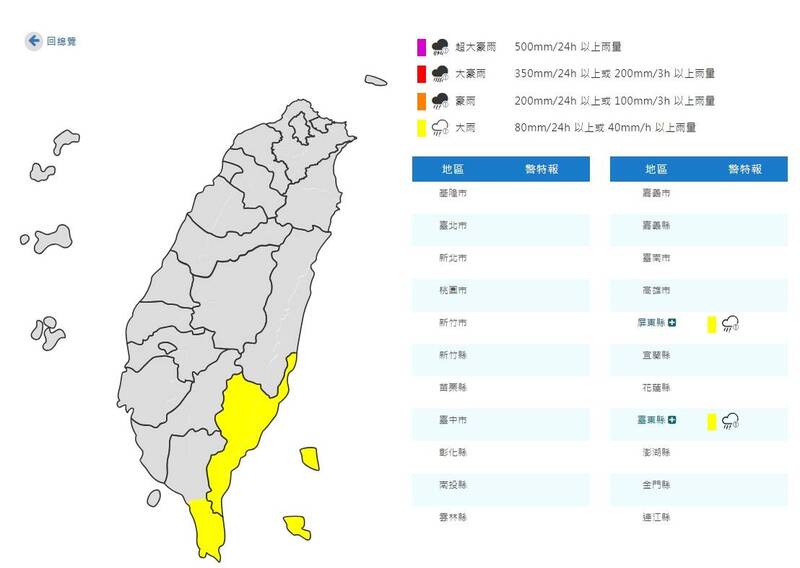 氣象署對台東、屏東兩縣發布大雨特報。（擷取自氣象署網站）