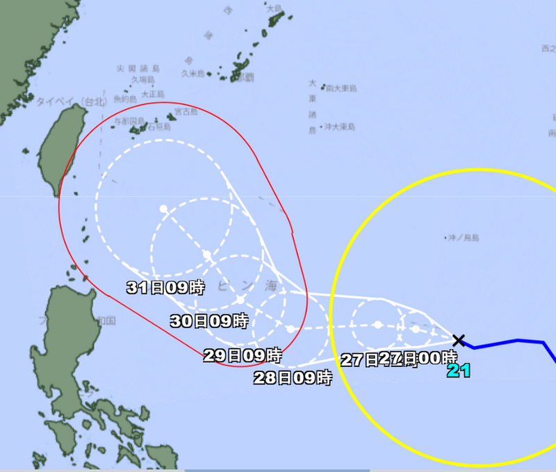 康芮颱風昨日從熱帶低氣壓升級成颱風後，持續往西移動，日本氣象廳預測，最快於30日康芮將升級為日本定義的強颱。（圖擷自日本氣象廳）