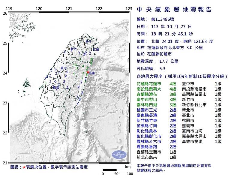 花蓮晚間發生芮氏規模5.3的地震。（中央氣象署提供）