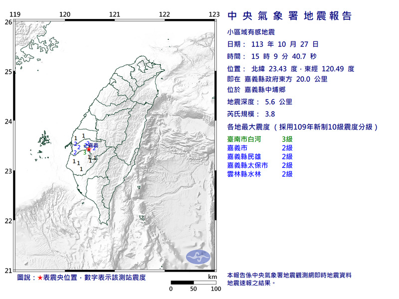 嘉義中埔午後15:09發生規模3.8地震，最大震度3級。（圖擷取自中央氣象署）