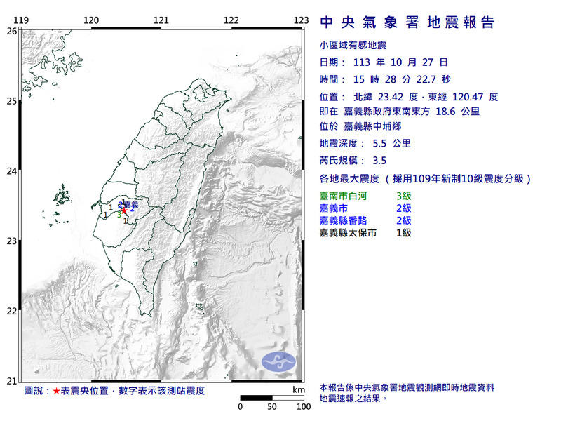 嘉義中埔今日15:28發生規模3.5地震，最大震度3級。（圖擷取自中央氣象署）