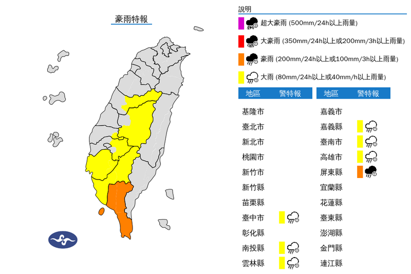 氣象署今日發布6縣市大雨特報，屏東縣升級成豪雨特報。（擷取自中央氣象署）