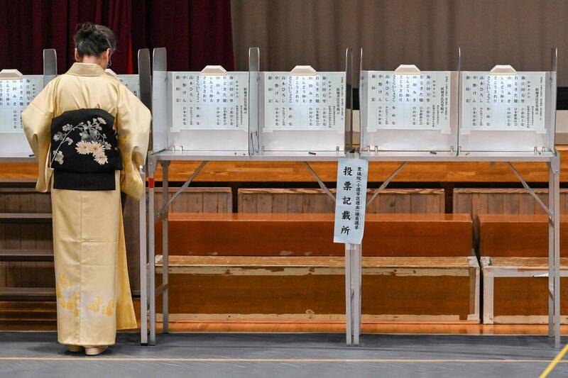 日本眾院大選今天投開票，根據日本放送協會（NHK）出口民調顯示，自民黨預估席次為153到219席，無法單獨過半。（法新社）