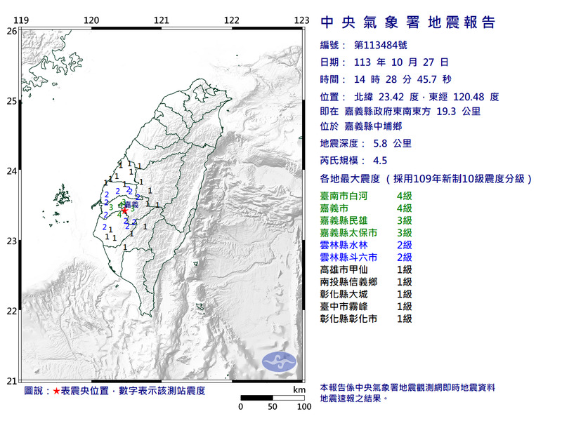 嘉義中埔14:28發生規模4.5地震，最大震度4級。（圖擷取自中央氣象署）