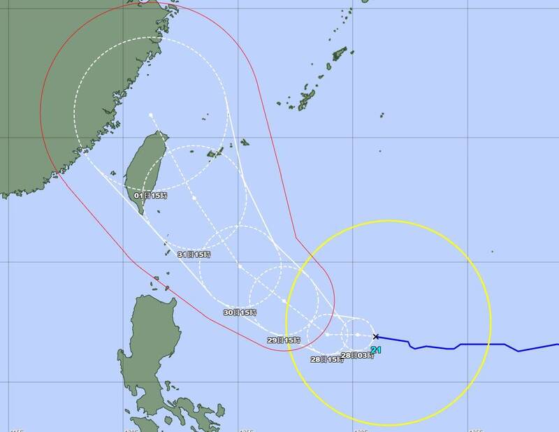 日本氣象廳最新預測路徑顯示，「康芮」將可能在週五（11月1日）直接登陸宜蘭。（圖擷自日本氣象廳）