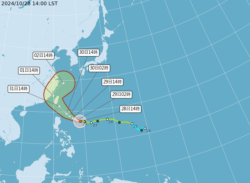 康芮颱風路徑潛勢預報圖。（圖由中央氣象署提供）