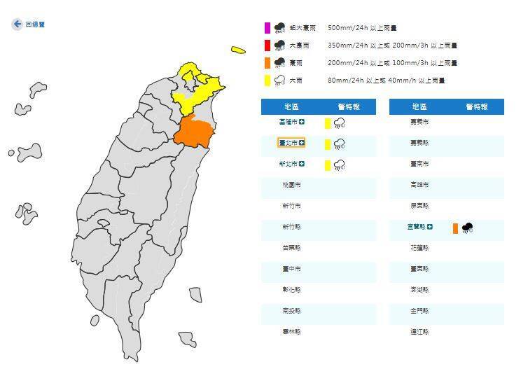 中央氣象署今晚9點35分對4縣市發布豪、大雨特報。（擷取自中央氣象署官網）