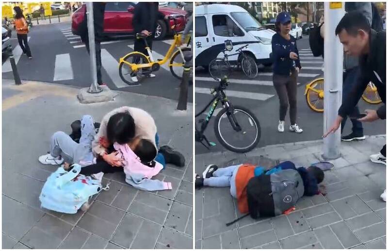 北京海淀區中關村第三小學28日下午驚傳持刀砍人案，數名學童遭受攻擊倒地。（圖翻攝自李老師不是你老師X平台）