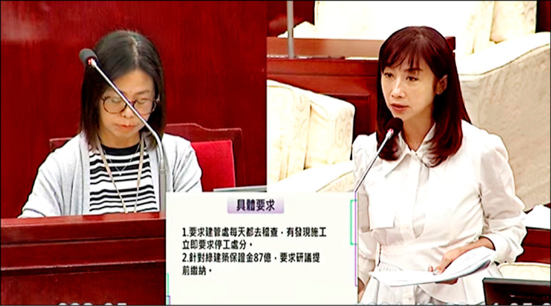 台北市議員許淑華（右）昨要求市府研議先收取京華城獲得容積獎勵20％的保證金，都發局長簡瑟芳表示將研議。（取自北市議會直播畫面）