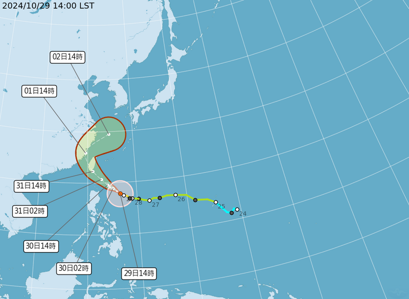 中度颱風持續靠近台灣，預計週四登陸，且至週五清晨前將持續影響台灣。（圖擷取自中央氣象署）