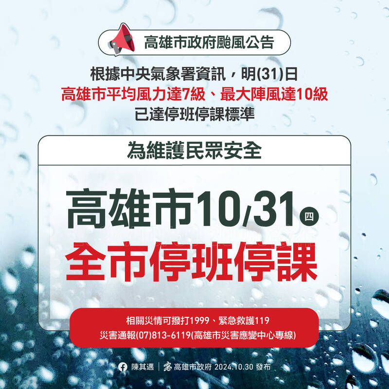 高雄10月31日停班課，多家醫院啟動風災特別門診。（高雄市政府提供）