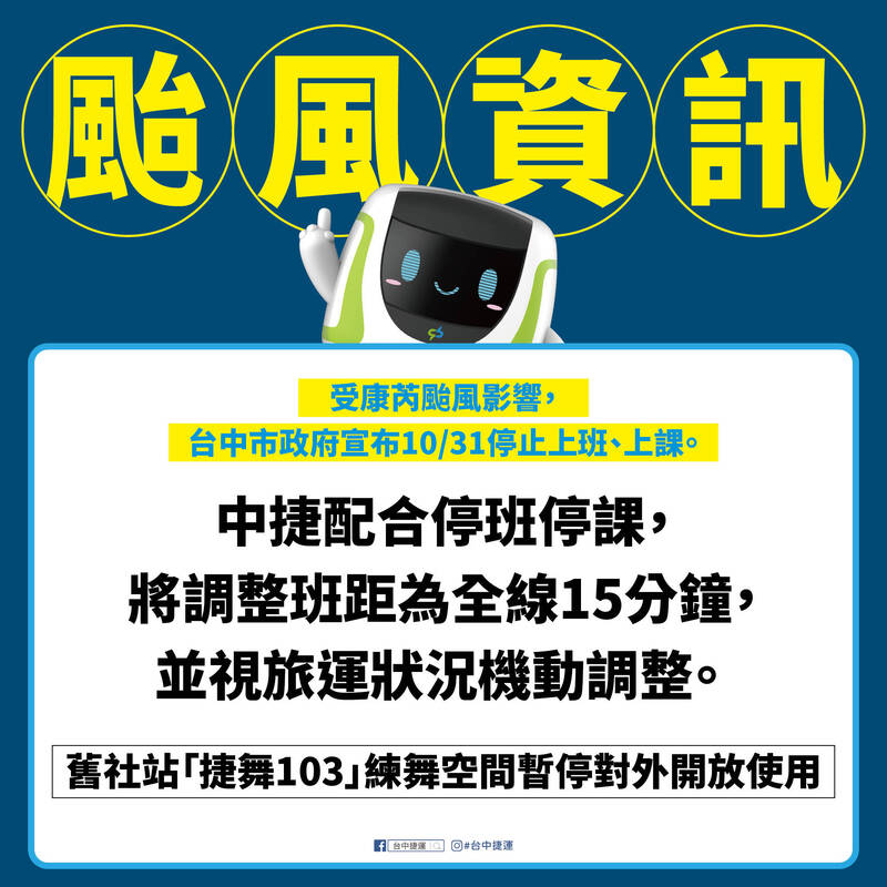 中捷因應颱風停班課，調整班距為全線每15分鐘發車。（中捷公司提供）