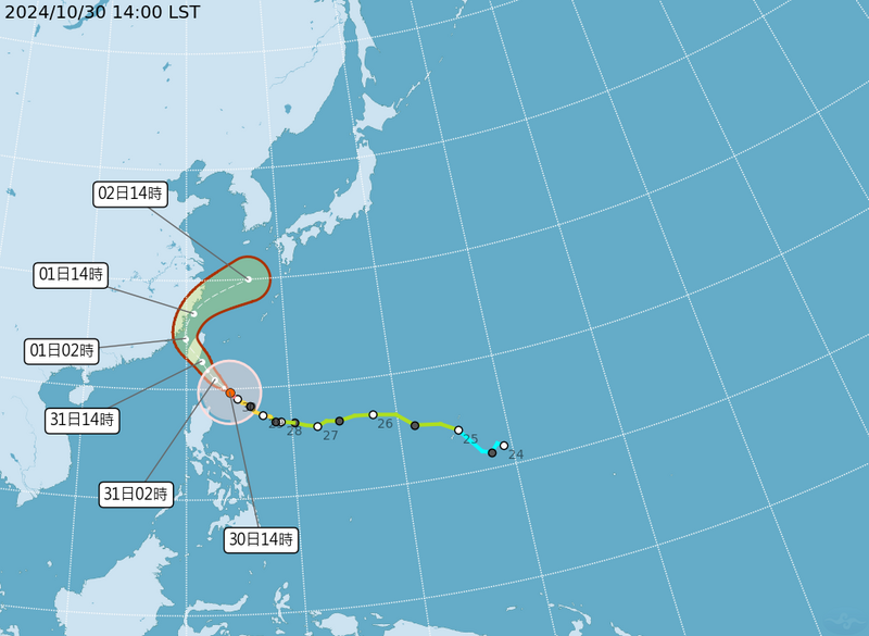 康芮颱風來襲，氣象署估計晚間起暴風圈將影響東部陸地。（圖擷取自中央氣象署）