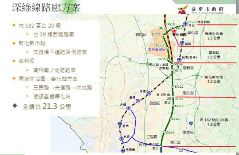 台南捷運深綠線可行性研究評估案規劃示意圖，全案尚未定案。（南市交通局提供）