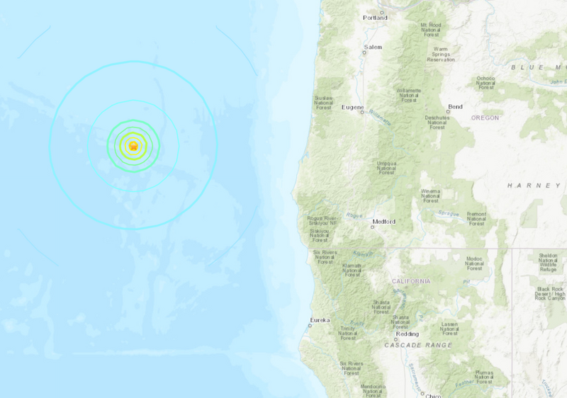 美國地質調查局（USGS）指出，美國西岸地區外海發生規模6.0強震，深度僅10公里，震央距離俄勒岡州布蘭敦市279公里。（圖擷自USGS）