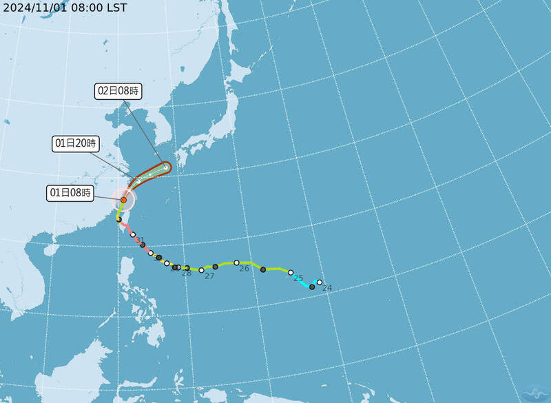 氣象署預計今天下午14時30分解除康芮颱風的海上颱風警報。（氣象署提供）