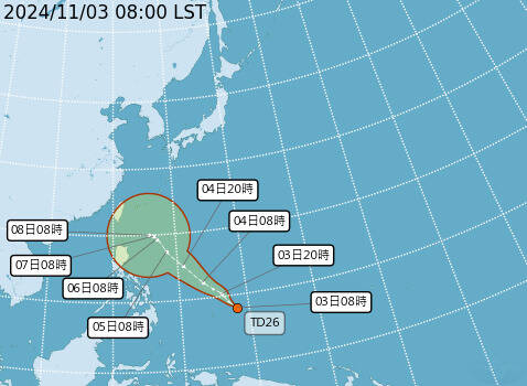 熱帶性低氣壓TD26最快今晚就會生成颱風。（中央氣象署提供）