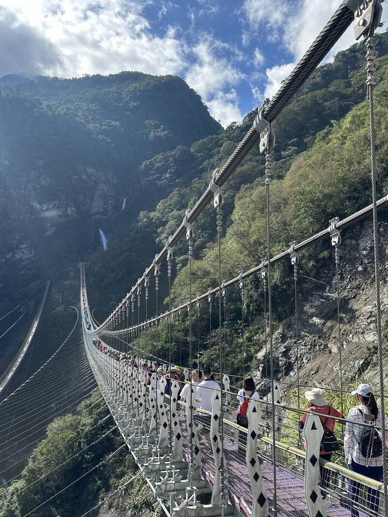 南投縣雙龍健行活動，吸引近千民眾漫步於雙龍七彩吊橋，欣賞壯麗的河谷景致。（南投縣政府觀光處提供）