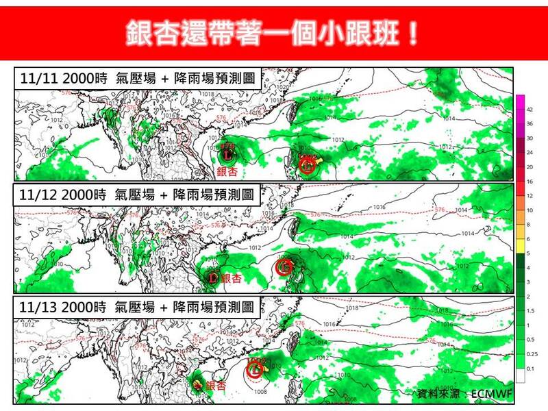 「林老師氣象站」指出，銀杏颱風過後還帶著一個小跟班，預估這個新生的熱帶擾動強度發展相當有限，將暫以熱帶性低氣壓為主。在對台影響上，12日及13日東半部的下雨，都將跟這個小跟班有關。（圖擷自臉書）