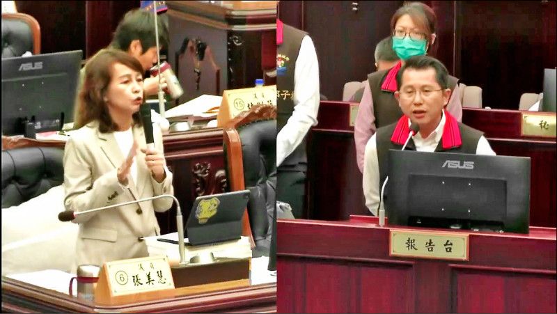 民進黨花蓮縣議員張美慧（左）在總質詢時，因為民政處長明良臻（右）說她混淆視聽，氣得要明良臻閉嘴。（翻攝花蓮縣議會影片）